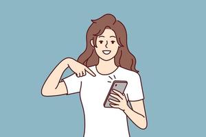 Happy woman points finger at mobile phone screen to announce that read great news. Positive girl with smile is excited about buying new flagship smartphone model with cool camera. Flat vector image