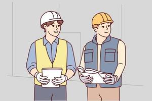 Two man builders in worker uniform look to side discussing construction process. Architects or engineers wearing protective helmets stand with papers in their hands at workplace. Flat vector image