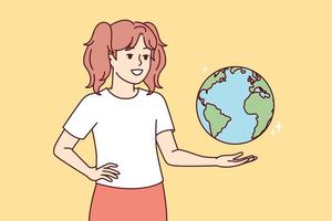 Teenage girl with globe hanging in weightlessness studies geography and location of continents or states. Child from elementary school dreams of traveling to cities of world. Flat vector illustration