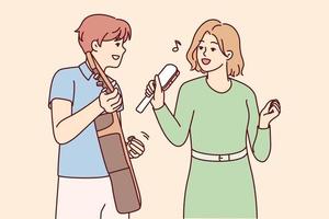 Musical group of man playing guitar and woman with rattle rehearsing new cool tune. Guy and girl enjoy joint performance of songs from new album performing at concert. Flat vector illustration