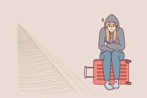 Tired woman sits on suitcase near railway waiting for train and is sad because of lack of money for ticket. Unhappy girl in hood missed train freezes at station alone. Flat vector illustration
