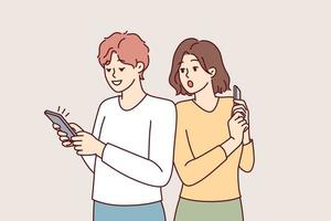 Curious woman looking at boyfriend phone spying on social media correspondence for family distrust concept. Shocked girl pry into man using smartphone to flirt dating app. Flat vector illustration