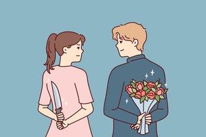 el hombre y la mujer miran a los ojos sosteniendo un cuchillo y flores a sus espaldas. concepto de viuda negra que desea contraer matrimonio de conveniencia para recibir herencia. ilustración vectorial plana vector