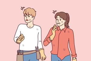Frightened man with repair tools and woman in dirty clothes looking away. Guy and girl in rubber gloves with discouraged face after making mistake while repairing their own hands. Flat vector image