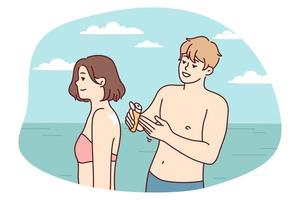 Man and woman in swimming clothing are relaxing on sunny beach near ocean and want to start sunbathing. guy smears back girl with suntan lotion taking care health while traveling. Flat vector design
