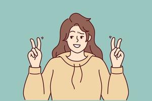 Optimistic woman raises hands in quotation marks voicing sarcasm in conversation with friends or colleagues. Girl in hoodie showing V gesture and smiling. Flat vector illustration