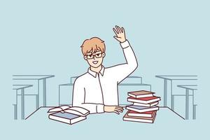 Boy high school student sits at desk with textbooks and workbooks and pulls hand up. Lonely schoolboy in white shirt and glasses wants to answer teacher question or take exam. Flat vector design