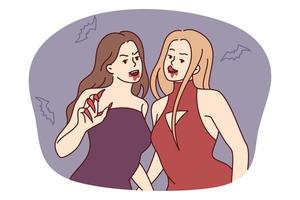 Women vampires with sharp claws and traces of blood near mouth stand among scary flying mice..Girl friends in evening dresses with fangs like zombies as Halloween decorations. Flat vector design