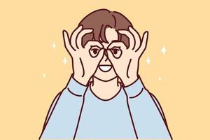 Young woman puts hands to face imitating invisible binoculars to look at object in distance. Funny girl looks at display using fingers instead of carnival mask. Flat vector illustration