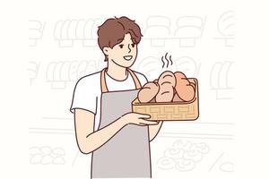 el panadero sostiene una bandeja de pan caliente preparado para los clientes de una tienda familiar o un gran supermercado. chico en delantal trabaja en puestos de panadería con baguettes recién horneadas. ilustración vectorial plana vector