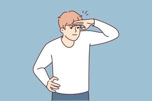 Young man raises hand to forehead to see distant object. Guy uses palm to protect eyes from sun rays trying to find friend in distance or figure out where guided. Flat vector illustration