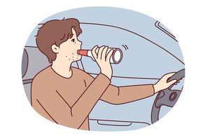 Irresponsible man drinks alcohol from bottle driving car risking lives of pedestrians. Guy driver drinks beer and does not use seat belt steering vehicle violating rules of road. Flat vector design