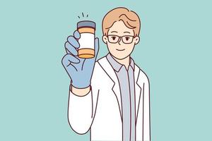 Man doctor in white coat shows jar of pills recommending use of medicines for health treatment. Pharmacy professional guy demonstrating vitamins to improve immunity. Flat vector illustration