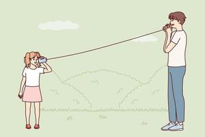 Little girl plays with father in park using cups tied with rope to talk from distance. Man rests with daughter during walk teaches how to use homemade phone from two mugs. Flat vector illustration