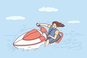 Happy woman with flowing hair rides jet ski on sea during summer trip to hot islands. Young girl goes in for extreme sports racing on water bike leaving splashes behind. Flat vector illustration