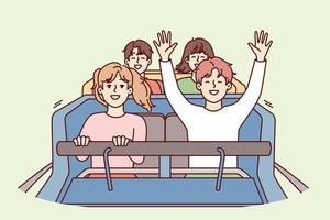 Joyful teenage children ride rollercoaster and raise hands smiling enjoying high speed or sharp lifting. Happy boys and girls while visiting amusement park with roller coaster. Flat vector image