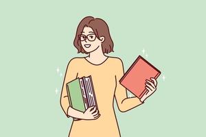 Smart young woman holds several books in hands choosing literature for reading in spare time. Girl in glasses stands with textbooks to prepare for term paper or university exams. Flat vector design