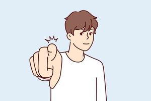 Confident man pointing finger at camera to press button on invisible screen. European guy points to display with hand calling to attend event or participate in promotion. Flat vector illustration