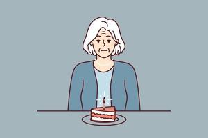 Lonely elderly woman sits at table with piece cake with candle and suffers from absence of relatives and friends. Unhappy grandmother celebrates birthday alone in need of support. Flat vector image