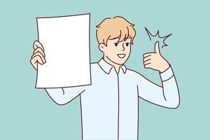 Man shows white sheet of paper and raises thumb up recommending cool investment offer. Young guy in shirt office worker demonstrating document for business concept. Flat vector illustration