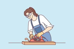 Woman furniture maker uses jointer to process wooden planks needed to create furniture. Carpenter girl in work uniform and goggles makes cabinet for house with own hands. Flat vector illustration