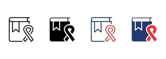 Book with Ribbon Cancer Icon Set. Awareness Symbol of Disease Cancer, Aids, Hiv Pictogram. Cancer Research Icon. Editable Stroke. Isolated Vector Illustration.