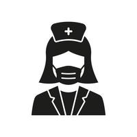 médico profesional en icono de silueta de máscara facial. mujer médica especialista y asistente pictograma negro glifo. ilustración vectorial aislada. vector