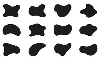 Free Form Abstract Black Silhouette Set on White Background. Irregular Random Minimal Blob Form. Asymmetric Blotch, Stain, Spot, Splodge Collection. Isolated Vector Illustration.