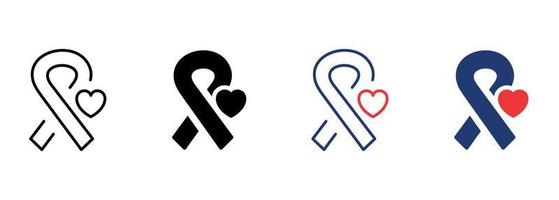 Cancer Ribbon with Heart Icon Set. Support and Solidarity for Hiv and Cancer Patient Pictogram. Awareness Symbol Icon. Editable Stroke. Isolated Vector Illustration.