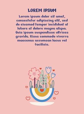 Postcard with text Happy Valentine's Day, invitations, declaration of love, cover, print. Rectangular template with flowers, rainbow, hearts. Vector illustration on a pink background.
