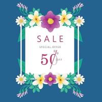 Spring summer sale banner with flowers on a dark blue background. Banner perfect for promotions, magazines, advertising, web sites. EPS 10 V1. vector