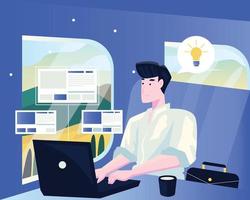 Business man in the train working on laptop. Flat  Vector illustration