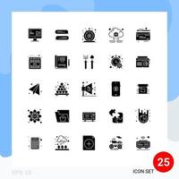 Pack of 25 Modern Solid Glyphs Signs and Symbols for Web Print Media such as internet data finance computing quick Editable Vector Design Elements