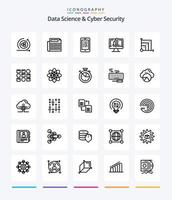 ciencia de datos creativa y seguridad cibernética 25 paquete de iconos de esquema como sistema. grafico. leer. fragmento. computadora vector