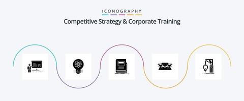 estrategia competitiva y paquete de iconos de glifo 5 de capacitación corporativa que incluye humanos. asignación. solución. escuela. educación vector