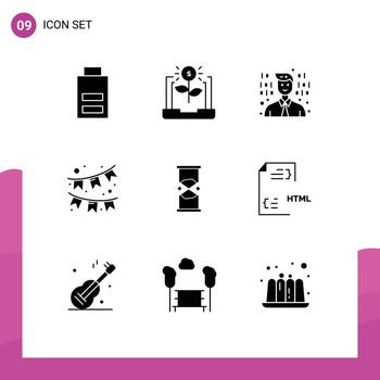 9 conjunto de glifos sólidos universales para aplicaciones web y móviles temporizador reloj de arena inversión ornamento celebración elementos de diseño vectorial editables vector