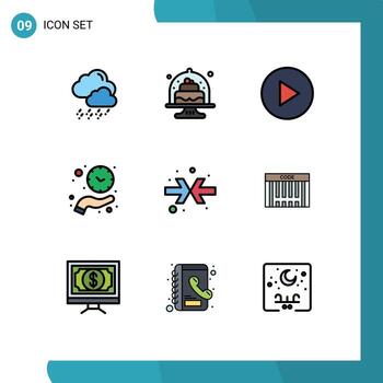 9 User Interface Filledline Flat Color Pack of modern Signs and Symbols of shrink arrow multimedia save time hold Editable Vector Design Elements