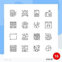 16 User Interface Outline Pack of modern Signs and Symbols of photographer flash camera play camera graph Editable Vector Design Elements