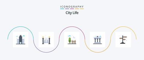 Paquete de 5 iconos planos de la vida de la ciudad que incluye la calle. ciudad. mesa de trabajo. dinero. la vida vector