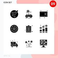 Pack of 9 creative Solid Glyphs of list checklist wallet wheel mechanics Editable Vector Design Elements