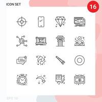 Set of 16 Modern UI Icons Symbols Signs for network memory diamond electronic component Editable Vector Design Elements