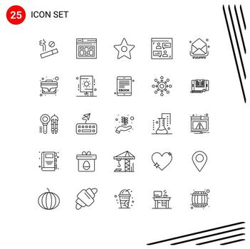 25 símbolos de signos de línea universales de elementos de diseño de vector editables de usuario de correo de medios de carta de bandeja de entrada
