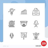 Editable Vector Line Pack of 9 Simple Outlines of roof cam inbox market place globe Editable Vector Design Elements