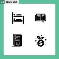 Set of 4 Commercial Solid Glyphs pack for bed listing book categories business Editable Vector Design Elements