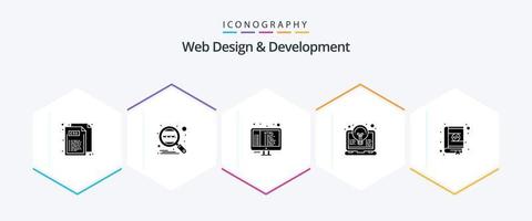 Web Design And Development 25 Glyph icon pack including light. idea. worldwide. coding. programming vector