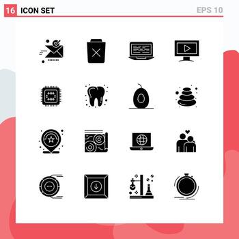 grupo de símbolos de icono universal de 16 glifos sólidos modernos de monitor de video eliminar elementos de diseño vectorial editables de código de computadora vector