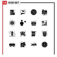 Pack of 16 Modern Solid Glyphs Signs and Symbols for Web Print Media such as travel globe options global internet Editable Vector Design Elements