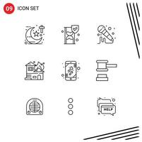 paquete de iconos de vector de stock de 9 signos y símbolos de línea para la casa de micrófono de corazón móvil que quema elementos de diseño de vector editables