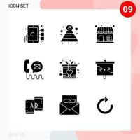 Set of 9 Vector Solid Glyphs on Grid for love mail market store help contact Editable Vector Design Elements