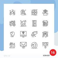 Pictogram Set of 16 Simple Outlines of bag hologram search globe paint Editable Vector Design Elements